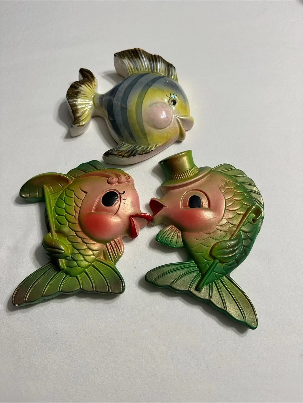 Green & Pink Decorative Fish Wall Plaques - Set of 3. 1969 Miller studio